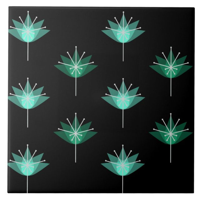 Carreau Fleurs modernes du milieu du siècle Noir Turquoise (Devant)