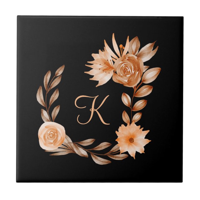 Carreau Fleurs noir marron et pêche avec monogramme   (Devant)