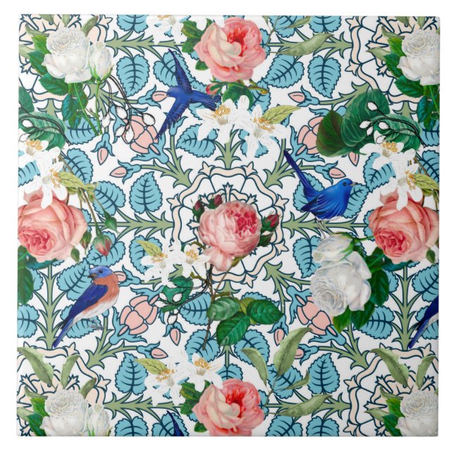 Carreau Fleurs, oiseaux bleus, Art nouveau, été (Devant)