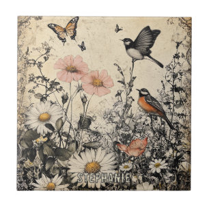 Carreau Fleurs, oiseaux et papillons sur papier vieilli (1