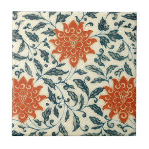 Carreau fleurs oranges - tige bleue - motif de Chinois