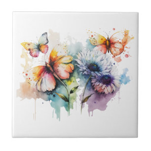 Carreau Fleurs Papillons Aquarelle Violet Jaune Bleu 