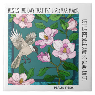 Carreau Fleurs peintes et oiseau avec vers Psaume 118:24