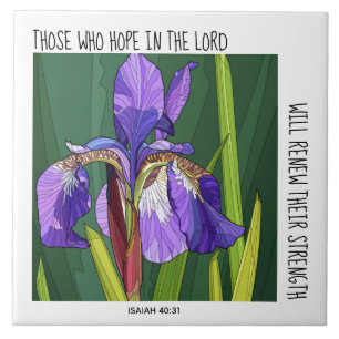Carreau Fleurs peintes (Iris) avec vers d'Isaïe 40:31