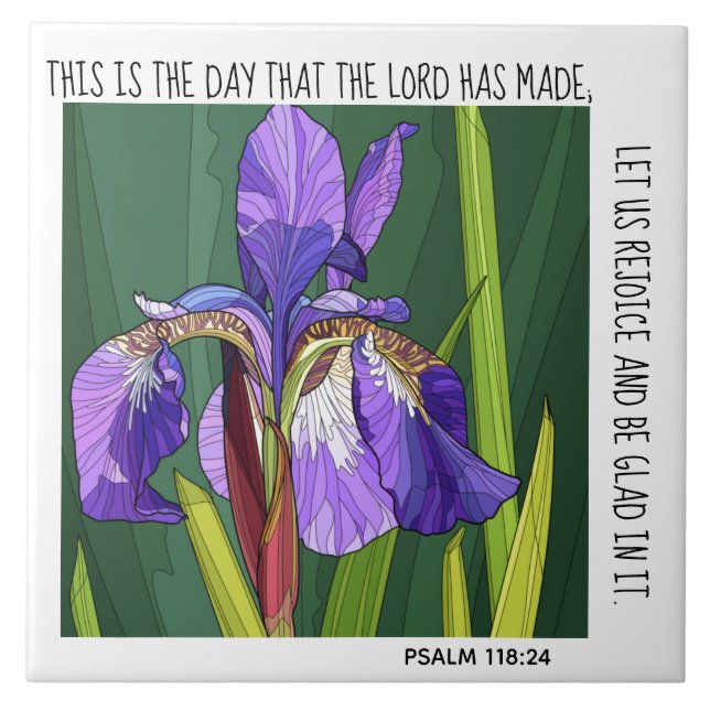 Carreau Fleurs peintes (iris pourpre); vers Psaume 118:24 (Devant)