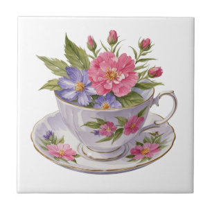 Carreau Fleurs roses et violettes dans une tasse à thé Ant