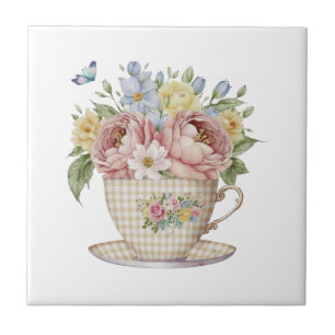 Carreau Fleurs roses jaunes bleues dans une tasse de thé F