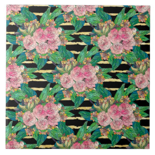 Carreau Fleurs roses noires tendance Gold Stripes Botaniqu