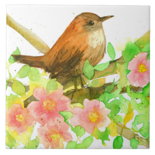 Carreau Fleurs roses Roses sauvages Oiseau botanique Wren