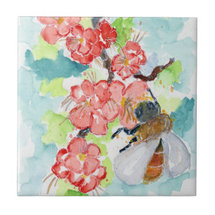 Carreau Fleurs rouges de cerisiers et d'abeilles