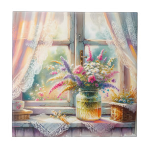 Carreau Fleurs sauvages à la fenêtre de la chaumière ensol
