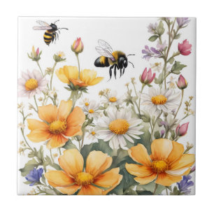 Carreau Fleurs sauvages et Abeilles de miel Aquarelle