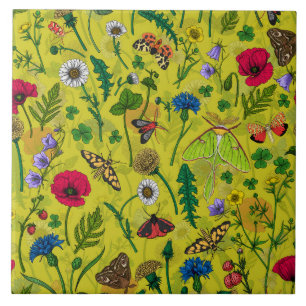 Carreau Fleurs sauvages et papillons de nuit en vert