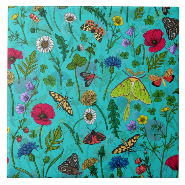 Carreau Fleurs sauvages et papillons de nuit sur turquoise (Devant)