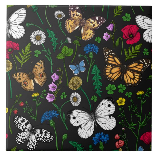 Carreau Fleurs sauvages et papillons sur le noir (Devant)