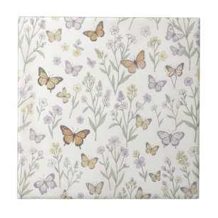 Carreau Fleurs sauvages pastel Papillons Prairie Botanique