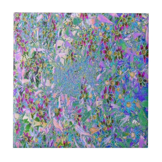 Carreau Fleurs sauvages rétro violet, vert et bleu sur ros (Devant)