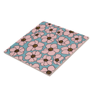 Carreau Fleurs sauvages roses sur fond bleu sarcelle
