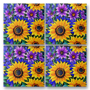 Carreau Fleurs violettes et tournesols jaunes Floral
