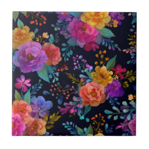 Carreau Fleurs vives et exotiques sur Vintage noir