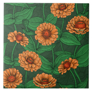 Carreau Fleurs Zinnia orange, feuilles verts sur vert fonc
