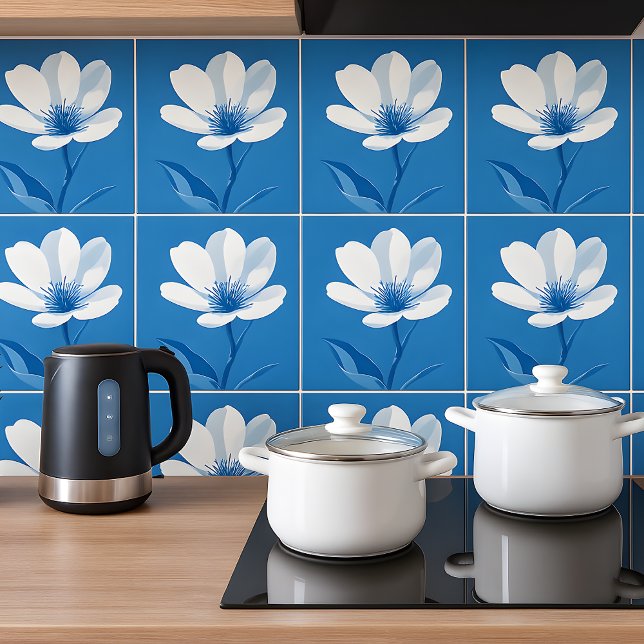 Carreau Floral Azulejo Bleu Bleu Méditerranéen Blanc (Blue Azulejo Mediterranian)