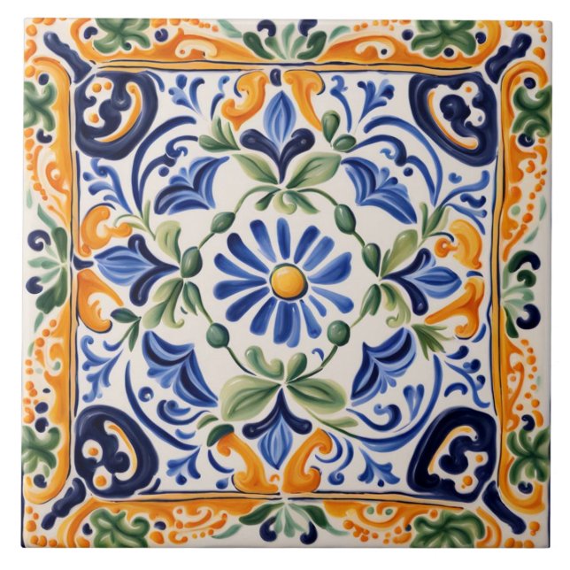 Carreau Floral bleu et jaune méditerranéen (Devant)