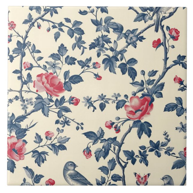 Carreau Floral bleu et rouge Toile de Jouy (Devant)