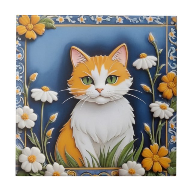 Carreau Floral Cats - Ginger Cat Orange White Flowers Blue (Devant)
