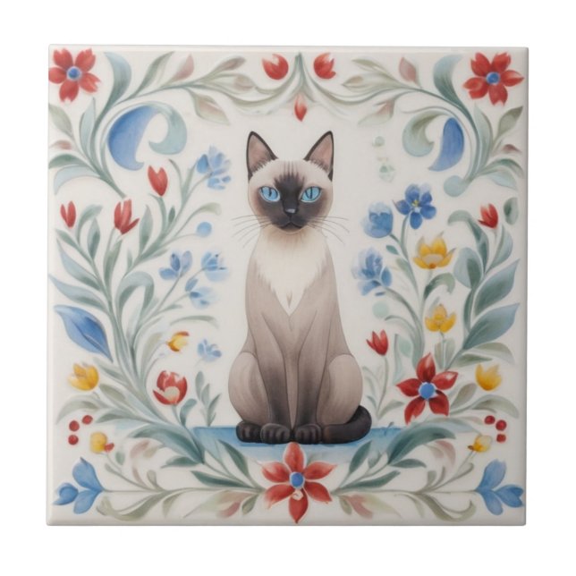 Carreau Floral Cats - Siamese Cat Colorful Folk Flowers (Devant)