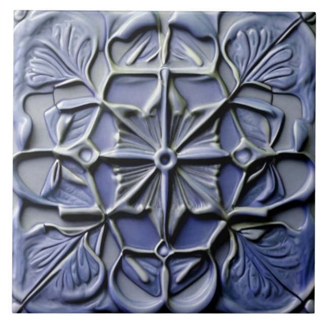 Carreau Floral Dark Indigo Blue Faux Relief Flower Cross (Devant)