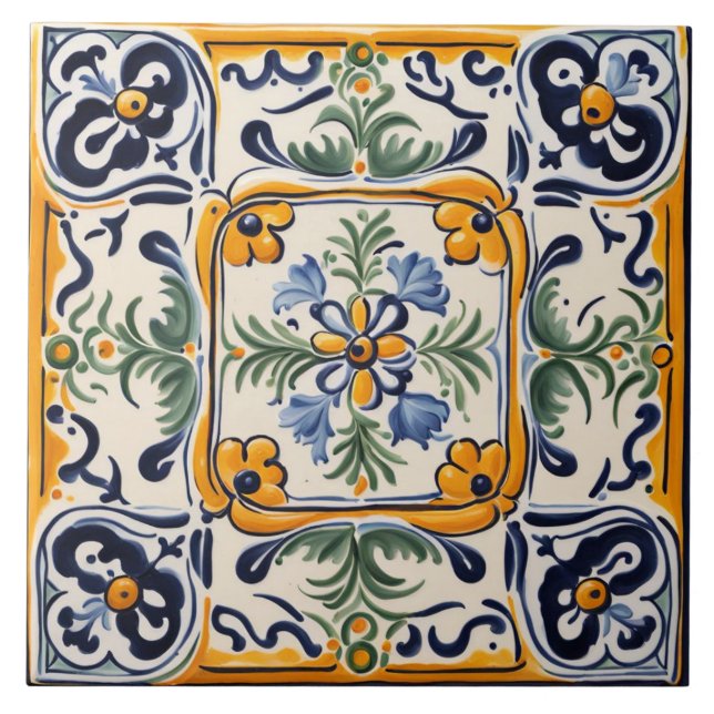 Carreau Floral d'Art Méditerranéen Jaune & Fleur Bleue (Devant)