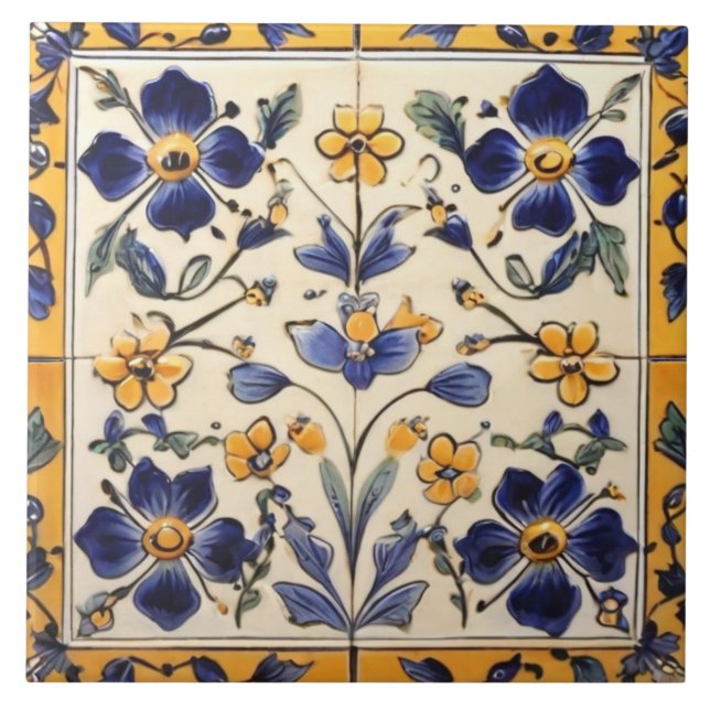 Carreau Floral de fleurs bleu marine et jaune méditerranée (Devant)