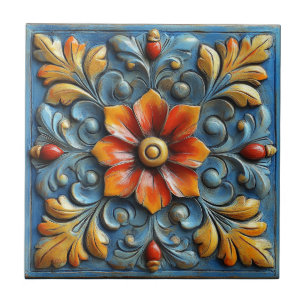 Carreau Floral espagnol mexicain Orange et bleu