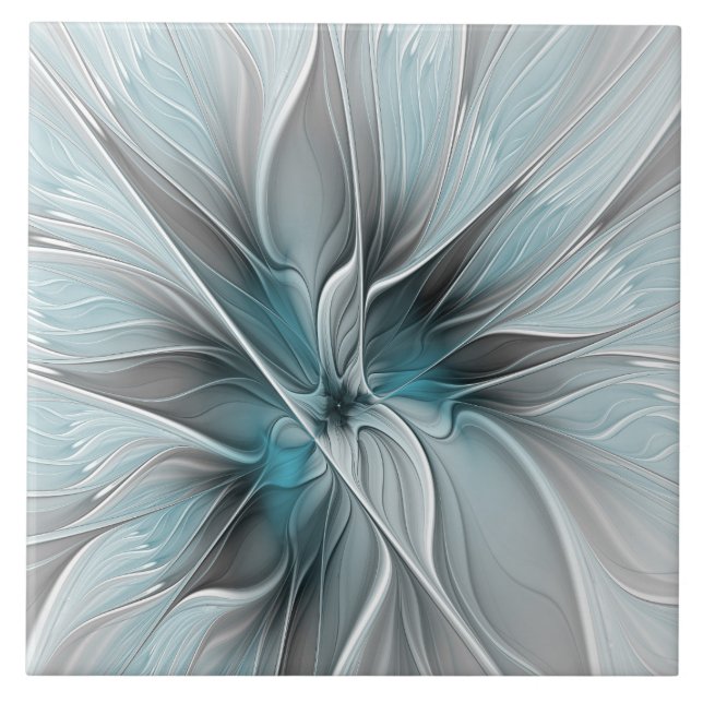 Carreau Floral Fractal Moderne Fleur Abstrait gris bleu (Devant)