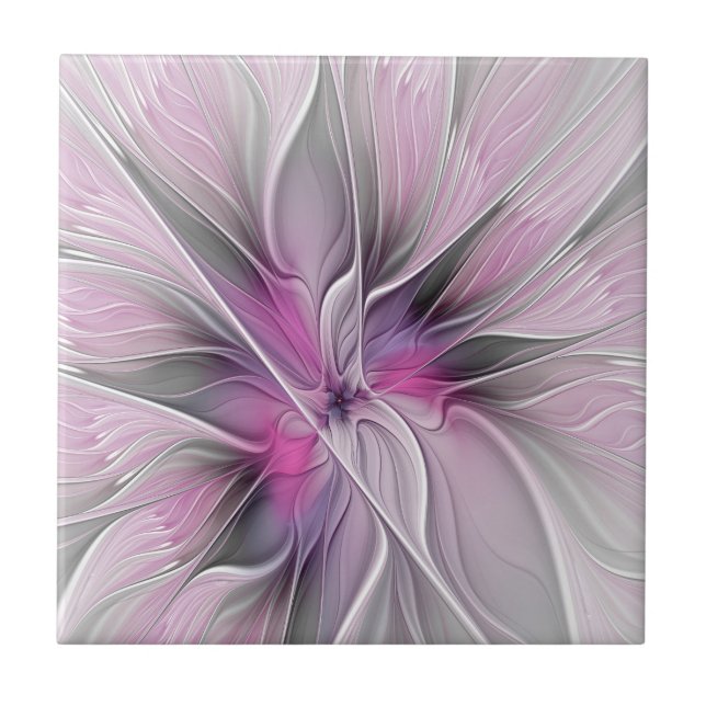 Carreau Floral Fractal moderne Fleur Abstraite rose gris (Devant)