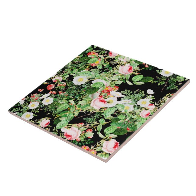 Carreau Floral Imprimer Rose rose et blanc Fleurs sur noir (Côté)