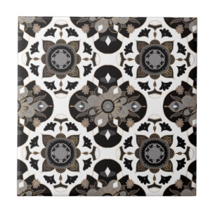 Carreau Floral Mandala Taupe gris noir