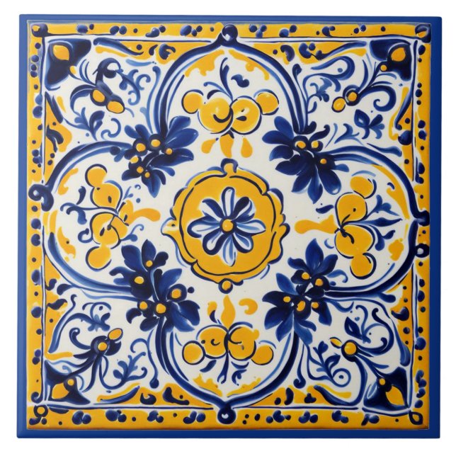 Carreau Floral méditerranéen italien Jaune et marine (Devant)