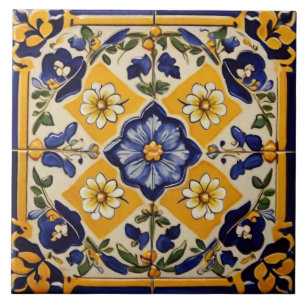 Carreau Floral méditerranéen italien Jaune et marine