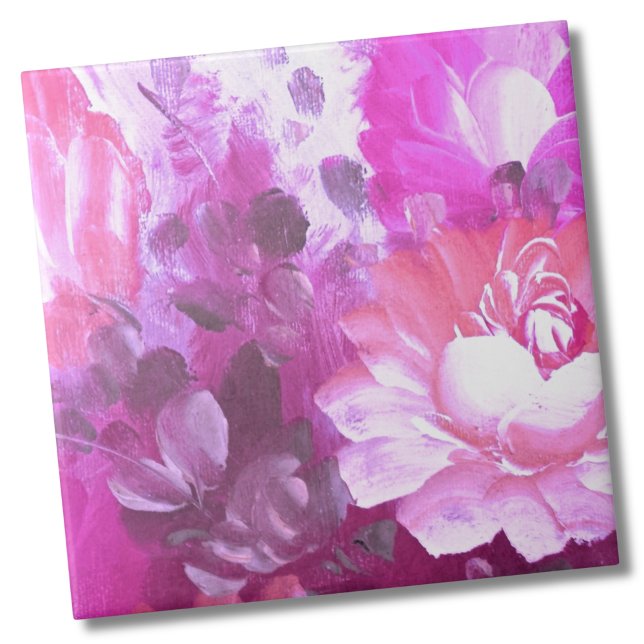 Carreau Floral rose violet (Whimsical Purple Pink Botanical Painted Floral Ceramic Tile)