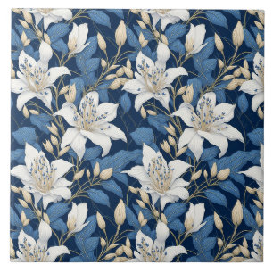 Carreau Floral Seamles Motif Big Liliy Feuilles Bleu Blanc