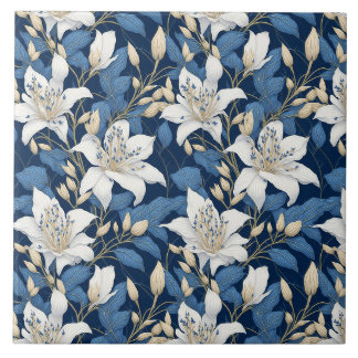 Carreau Floral Seamles Motif Big Liliy Feuilles Bleu Blanc