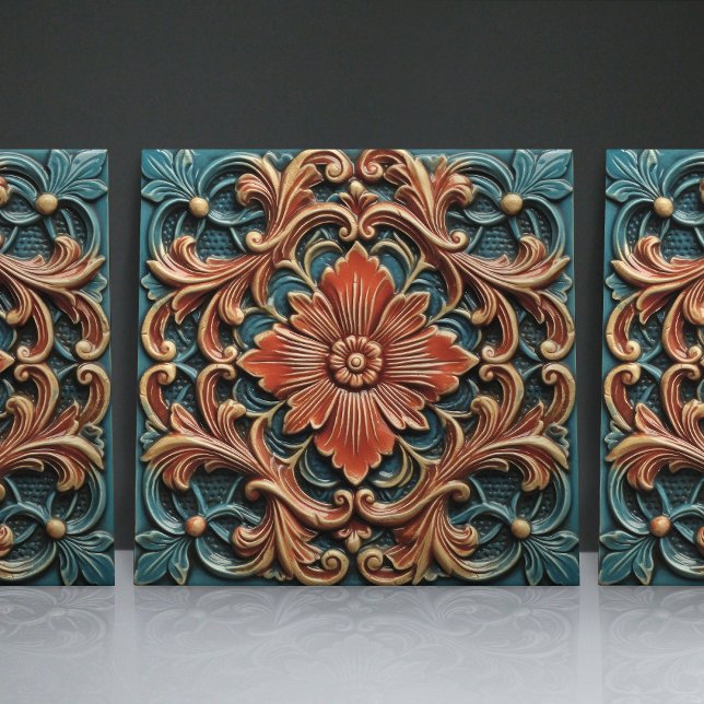 Carreau Floral victorien Turquoise Motifs de feuille orang (Créateur téléchargé)