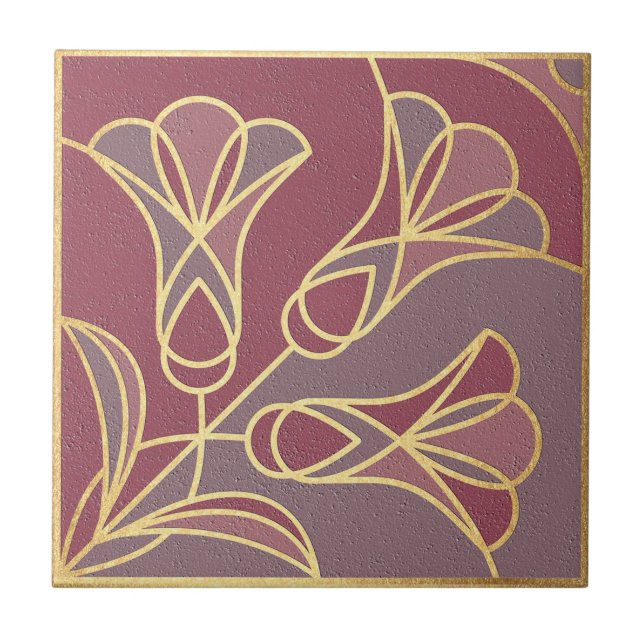 Carreau Flore de mosaïque Art Déco. Mauve et or (Devant)