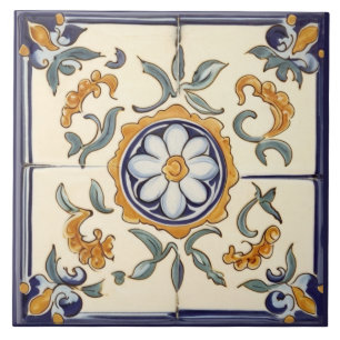 Carreau Flore simple Fleur Méditerranée bleue Crème Floral