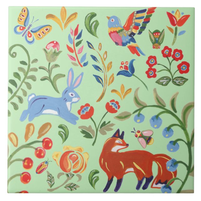 Carreau Folk Art Green Animal Bois Floral Fox Rabbit (Devant)