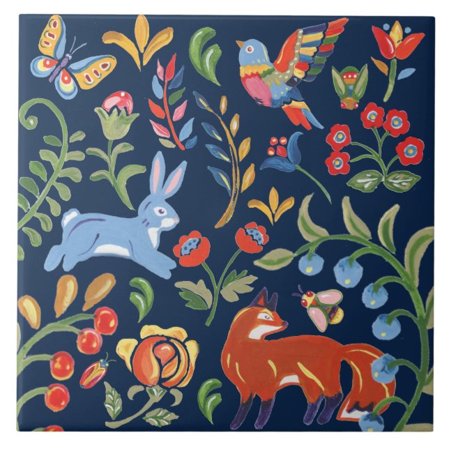 Carreau Folk Art Marine Animal Bois Floral Fox Rabbit (Devant)
