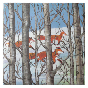 Carreau Forêt de renard roux paysage de printemps neige bl