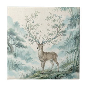 Carreau Forêt mystique de cerfs, art à l'aquarelle